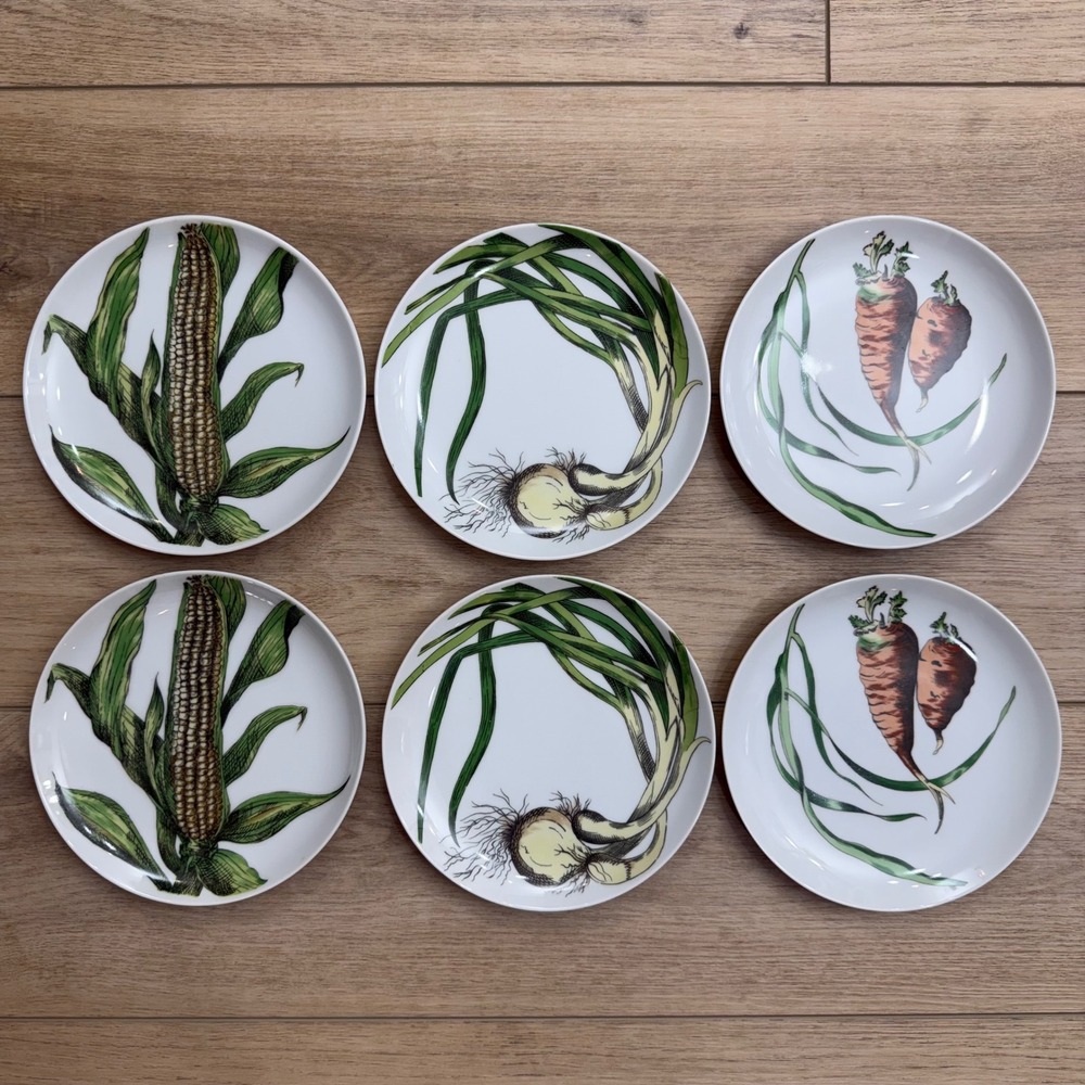 Set of 6 Botanical Vegetable Salad Plates Corn Onion Carrots‎ Cottage Farmhouse